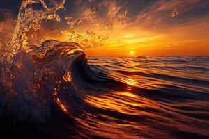 illustration le coucher du soleil entre une vague dans le mer photo