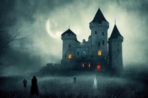illustration de une Château dans le minuit avec des fantômes photo