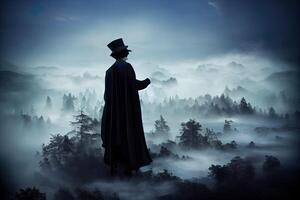 illustration de une magicien avec foncé bleu manteau entre brouillard des nuages photo