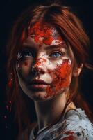 Jeune femme avec rouge peindre sur visage photo