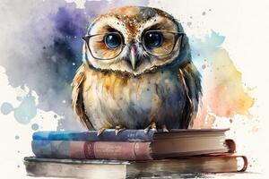 ai généré aquarelle La peinture de un hibou porte des lunettes et séance sur une empiler de livres. photo