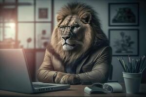 intelligent Lion dans une affaires costume à le bureau. ai généré photo