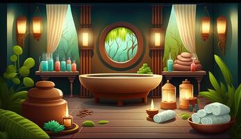 élégant luxe Royal bien-être baignoire spa intérieur, affiche pour spa centre ou romain une baignoire dans dessin animé style. ai généré. photo