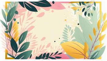 pastel coloré feuillage décoratif Cadre dans plat style divers abstrait tropical feuilles sur une foncé Contexte. génératif ai. photo