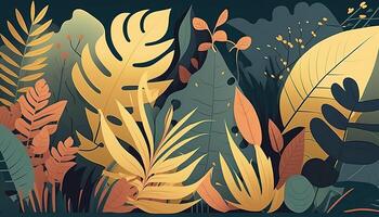 feuillage décoratif Contexte dans plat style divers abstrait tropical feuilles sur une foncé Contexte. génératif ai. photo