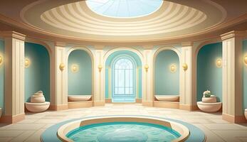 élégant luxe Royal bien-être baignoire spa intérieur, affiche pour spa centre ou romain une baignoire dans dessin animé style. ai généré. photo