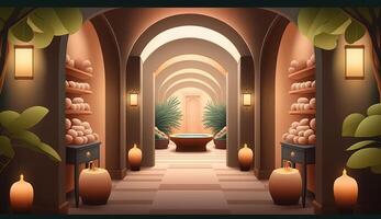 élégant luxe Royal bien-être baignoire spa intérieur, affiche pour spa centre ou romain une baignoire dans dessin animé style. ai généré. photo