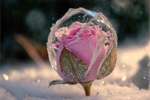 congelé la magie rouge Rose dans le neige romantique Contexte. photo