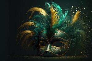 réaliste luxe carnaval masque avec vert plumes. abstrait flou vert arrière-plan, or poussière, et lumière effets. génératif ai. photo