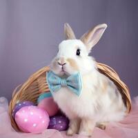 blanc Pâques lapin avec bleu arc photo