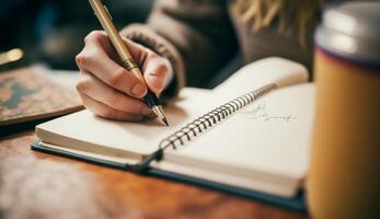 femme main avec stylo l'écriture sur carnet de notes, proche en haut main l'écriture dans spirale bloc-notes mis sur en bois bureau avec divers articles, génératif ai photo