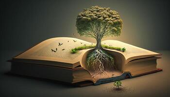 plantation la graine arbre de connaissance et sagesse dans le ouverture livre, génératif ai photo
