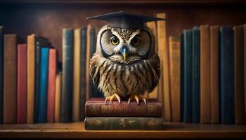 sage hibou portant l'obtention du diplôme casquette contre une empiler de livres sur une table dans une bibliothèque parmi le étagères, génératif ai photo