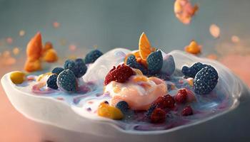 appétissant dessert avec la glace crème avec des fruits et baies. 3d illustration. photo