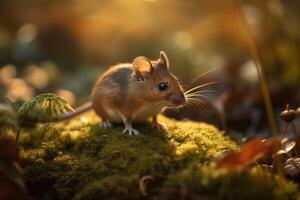 petit Souris sur une mousse dans une le coucher du soleil des rayons. généré ai. photo