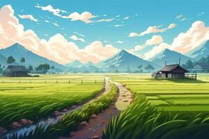 magnifique illustration de une Prairie avec une en bois maison dans une Montagne vallée dans anime style. généré ai. photo