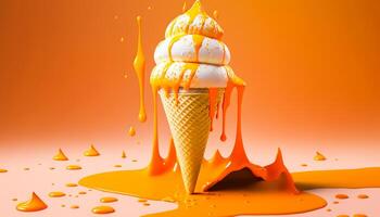 fusion la glace crème cône sur doux Orange Contexte dans studio, génératif ai photo