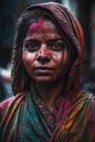 Indien femme proche en haut portrait avec coloré peindre photo