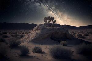 désert nuit paysage avec cactus montagnes et laiteux façon dans le ciel. génératif ai photo