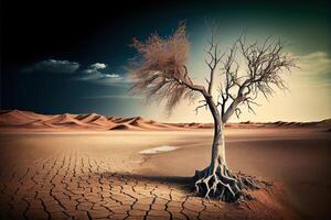 magnifique aride paysage avec une mort arbre sur fissuré, séché sol, écologique problème concept. génératif ai. numérique art illustration photo