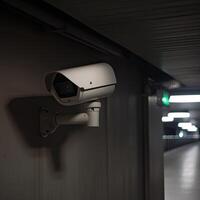 sécurité, vidéosurveillance appareils photo dans le Bureau bâtiment, et Accueil Sécurité système concept avec brouiller Contexte. Extérieur vidéosurveillance Sécurité caméra installée sur le bâtiment mur dans le ville. génératif ai