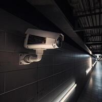 sécurité, vidéosurveillance appareils photo dans le Bureau bâtiment, et Accueil Sécurité système concept avec brouiller Contexte. Extérieur vidéosurveillance Sécurité caméra installée sur le bâtiment mur dans le ville. génératif ai