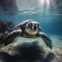 vert tortue dans le bleu à la recherche à moi. établi avec génératif ai. photo