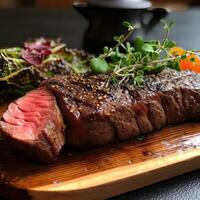 juteux moyen du boeuf nervure œil steak tranches dans une la poêle sur une en bois planche avec une fourchette et couteau herbes épices et sel. grillé du boeuf steaks avec épices sur en bois Coupe planche. génératif ai photo