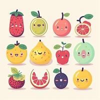 dessin animé marrant des fruits personnages et des fruits visage illustrations. marrant fruit visage et dessin animé fruit personnages icône ensemble. dessin animé personnages. dessin animé visage aliments. génératif ai. photo