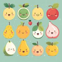 dessin animé marrant des fruits personnages et des fruits visage illustrations. marrant fruit visage et dessin animé fruit personnages icône ensemble. dessin animé personnages. dessin animé visage aliments. génératif ai. photo