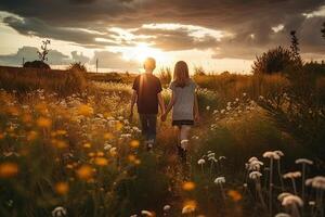 garçon et fille en marchant à épanouissement champ dans le coucher du soleil. silhouettes de les enfants contre magnifique paysage. romantique sentiments et émotions de couple. établi avec génératif ai photo