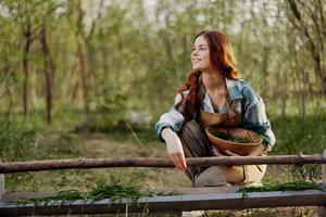 une fille oiseau ferme ouvrier sourit et est content verser nourriture dans le poulet mangeoire dans le Frais air séance sur le vert herbe photo