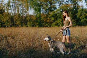 femme et sa rauque chien Heureusement marcher et courir par le herbe dans le champ sourire avec les dents tomber le coucher du soleil marcher avec une animal de compagnie, Voyage avec une ami chien bonheur mode de vie photo