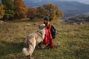 femmes en marchant suivant à le chien dans la nature paysage montagnes Voyage photo