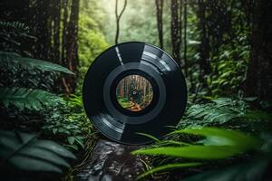 vinyle record sur vert jungle Contexte génératif ai photo