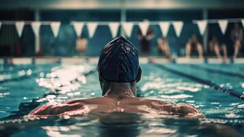 homme dans nager casquette, des sports nager dans le bassin retour vue génératif ai photo