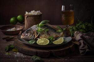 grillé frit poisson avec citron sur assiette faible lumière, mer nourriture illustration génératif ai photo