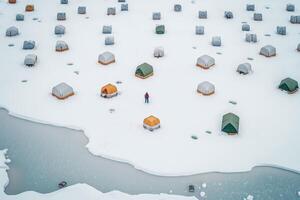 la glace pêche dans tentes, hiver championnat sport pêche génératif ai photo