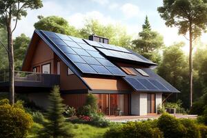 solaire batterie panneaux sur le toit de le maison illustration génératif ai photo