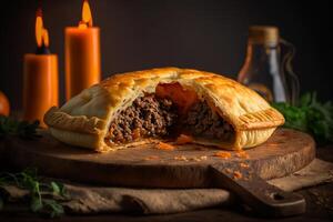 chaud Viande tarte avec juteux remplissage génératif ai photo