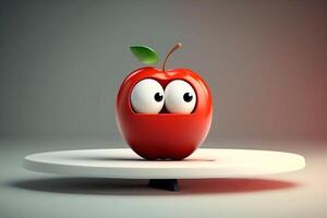 marrant rouge Pomme avec yeux dans une cuisine assiette génératif ai photo