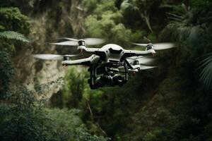 drone en volant parmi le des arbres dans le vert jungle illustration génératif ai photo