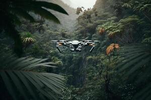 drone en volant parmi le des arbres dans le vert jungle illustration génératif ai photo