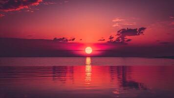 cramoisi ciel le coucher du soleil le chaud Soleil va au-delà le horizon de le mer génératif ai photo