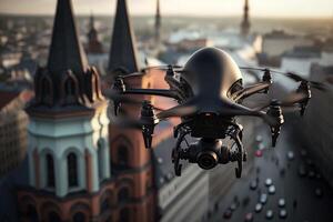 en volant parmi le ville aérien drone illustration génératif ai photo