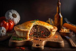 chaud Viande tarte avec juteux remplissage génératif ai photo