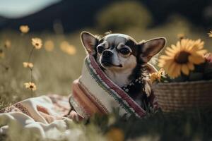 enveloppé dans vêtements marrant chien animal de compagnie chihuahua en plein air génératif ai photo