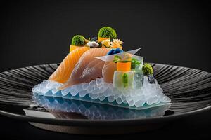 finement tranché sashimi servi sur une lit de la glace Frais génératif ai photo