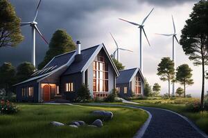 solaire panneaux et vent générateurs pour électricité domestique énergie illustration génératif ai photo