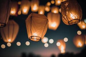 célébrer nuit en volant papier les lampes lumières dans le ciel génératif ai photo